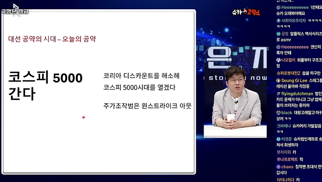지난해 4월 21일 '머니코믹스'에 출연한 슈카월드가 이재명 당시 대선후보의 코스피 5000 공약에 대해 말하고 있다. /사진=유튜브 '머니코믹스' 캡처