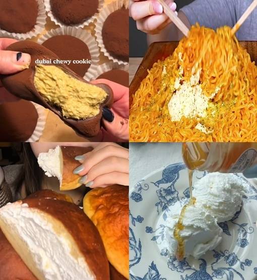 Screenshots of videos on TikTok showing creators eating viral foods. Clockwise from top left: Dubai chewy cookies, Buldak noodles with cheese and carbonara seasoning, Greek yogurt, and cream-filled bread, all loved for their textures. (TikTok)