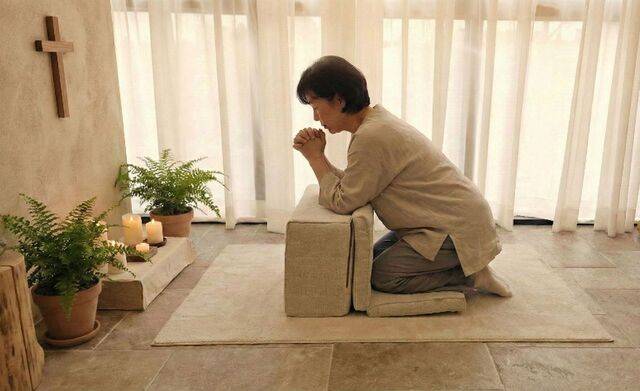 한 성도가 ㈜다진이 제작한 기도방석을 이용해 기도하고 있다. 다진 제공