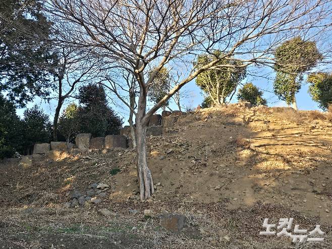 지난 20일 취재진이 살펴본 A관광농원 산지 훼손 원상복구 현장. 석축이 허물어진 자리에 자갈과 흙이 노출돼 있고 일부 석축은 그대로 남아있다. 이창준 기자