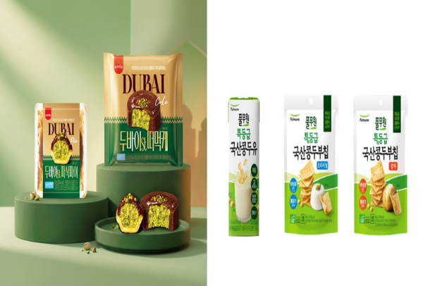 삼립 두바이 스타일 디저트 2종(왼쪽)과 풀무원 특등급 국산콩 신제품 2종./사진=각 사 제공