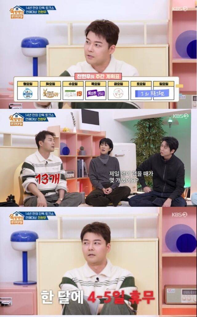 지난 29일 오후 방송된 KBS 2TV 예능 프로그램 ‘옥탑방의 문제아들’ 300회 특집에는 ‘2025 KBS 연예대상’ 대상의 주인공 전현무가 출연해 자신의 일상과 스케줄을 가감 없이 공개했다./ KBS 2TV ‘옥탑방의 문제아들’