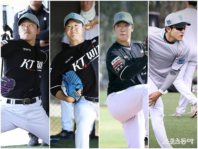 KT 전용주, 권성준, 고준혁, 임준형(왼쪽부터)이 팀의 좌완 갈증을 해소하기 위해 구슬땀을 흘리고 있다. 사진제공|KT 위즈