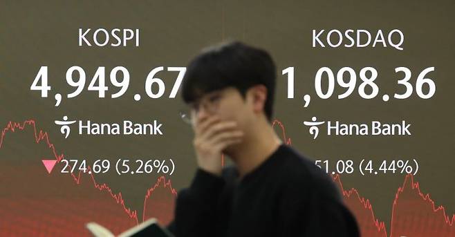 코스피가 미국 증시 약세 여파로 인해 5000선 아래로 떨어진 2일 서울 중구 하나은행 딜링룸 현황판에 코스피·코스닥 종가가 표시돼있다. 연합뉴스