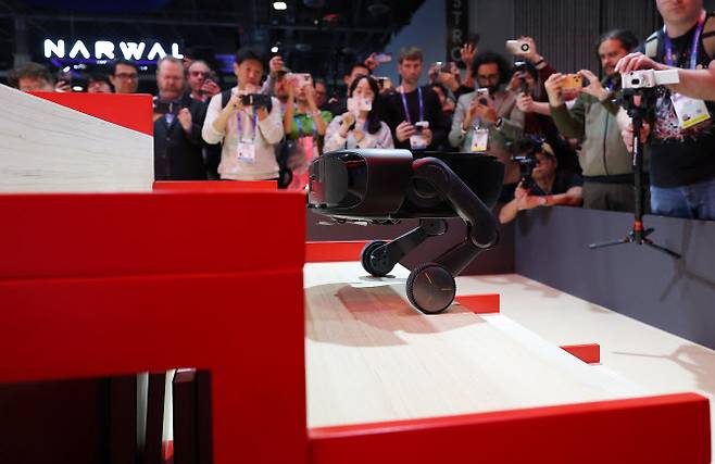 ▲CES 2026 로보락 부스에서 로봇청소기가 계단을 오르고 있다. 연합뉴스.