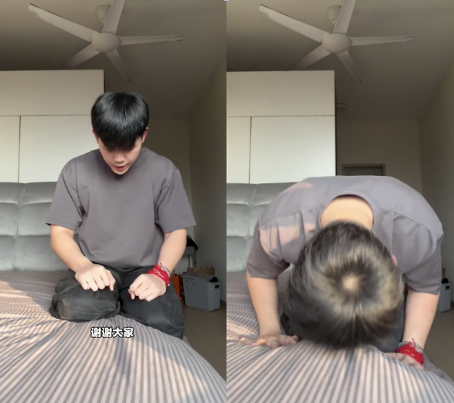 노숙인에게 남은 음식과 닭뼈를 건네는 영상을 게시해 논란이 된 말레이시아 인플루언서가 자신의 SNS를 통해 사과하고 있는 모습. 인스타그램