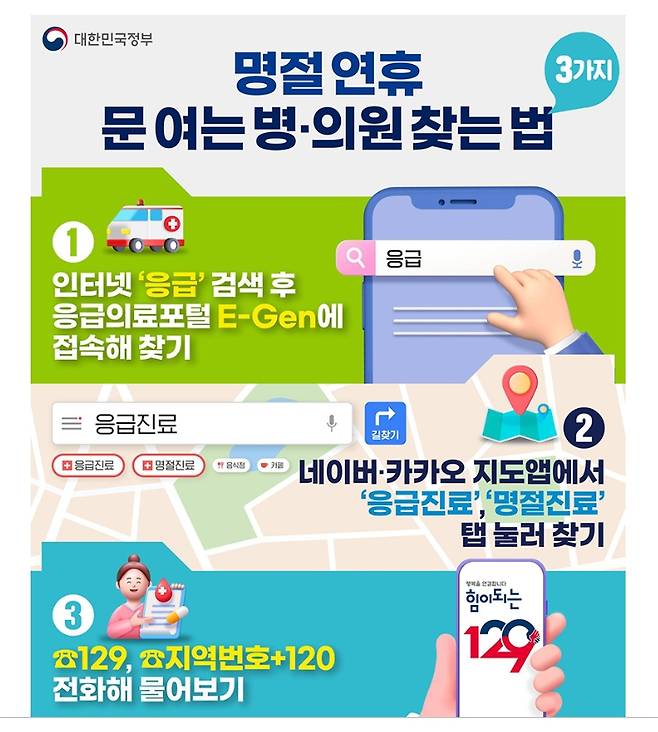 평택시가 설 연휴 비상진료대책 상황실릏 운영한다. 정부가 만든 명절연휴 문여는 병원 찾는법 인포그래픽./사진제공=평택시