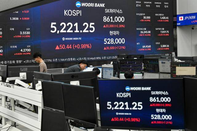 지난달 29일 서울 중구 우리은행 딜링룸 전광판에 코스피 지수와 SK하이닉스, 현대차 주가가 표시되어 있다. 한국일보 자료사진