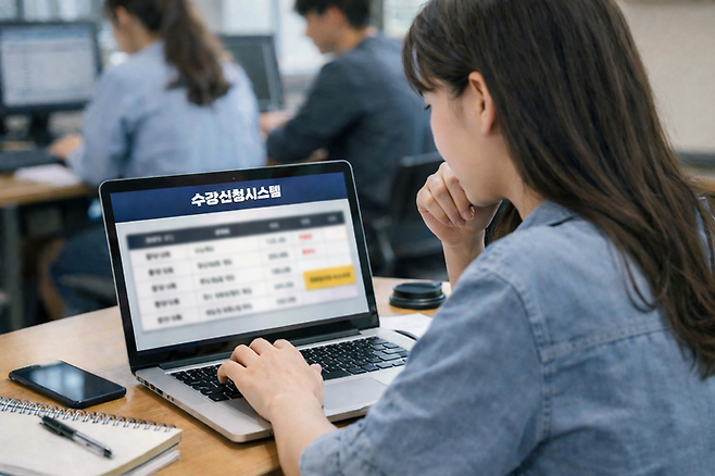 대학생이 학교 홈페이지를 통해 수강신청하는 모습을 AI를 통해 이미지로 생성했다. 사진=ChatGPT