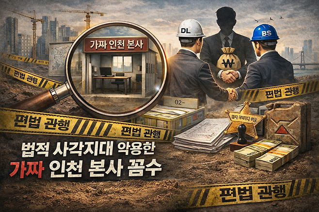 대형 건설사들이 '가짜 인천 본사'를 두고 지역 입찰을 따내는 관행 속에서, 인천 업체 하도급 수주율은 20%대에 머무는 등 역차별이 지속되는 가운데 AI를 통해 기사 속 상황을 이미지화했다. 사진=ChatGPT