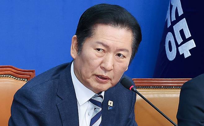 정청래 더불어민주당 대표가 9일 오전 국회에서 열린 최고위원회의에서 발언하고 있다. 임현동 기자