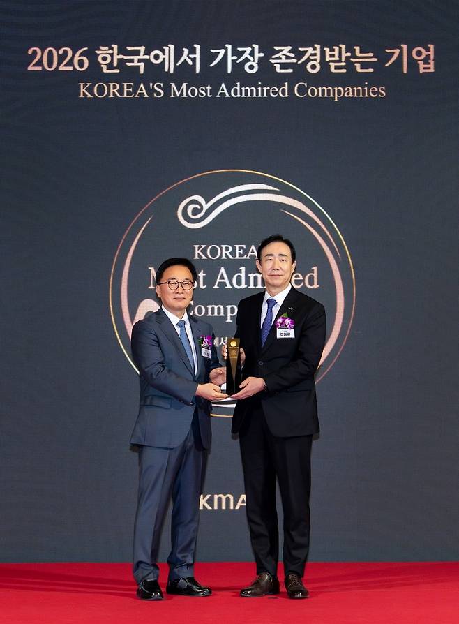 지난 10일 서울 여의도 콘래드호텔에서 열린 시상식에서 조대규 교보생명 대표이사 사장(오른쪽)이 한수희 한국능률협회컨설팅 대표이사 사장과 기념 촬영을 하고 있다. 사진=교보생명