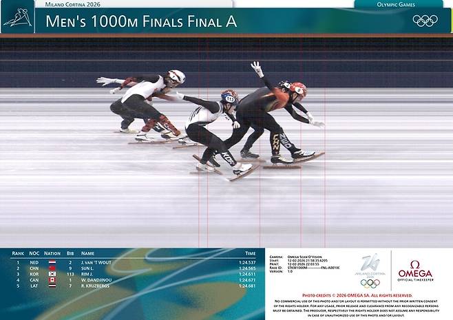 임종언이 막판 스케이트 날 내밀기로 3위로 통과하고 있다. 사진 | 오메가