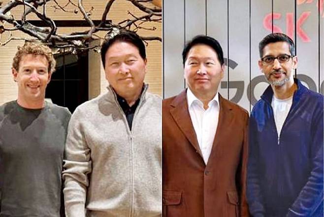 최태원 SK그룹 회장이 미국 새너제이를 방문해 빅테크 최고경영자(CEO)들과 잇달아 회동했다. 지난 10일 마크 저커버그 메타 CEO와 만나 메모리 반도체 장기 공급 방안을 논의했고(왼쪽 사진), 이튿날 순다르 피차이 구글 CEO와 반도체 협력 방안을 협의했다(오른쪽 사진). /SK하이닉스 제공