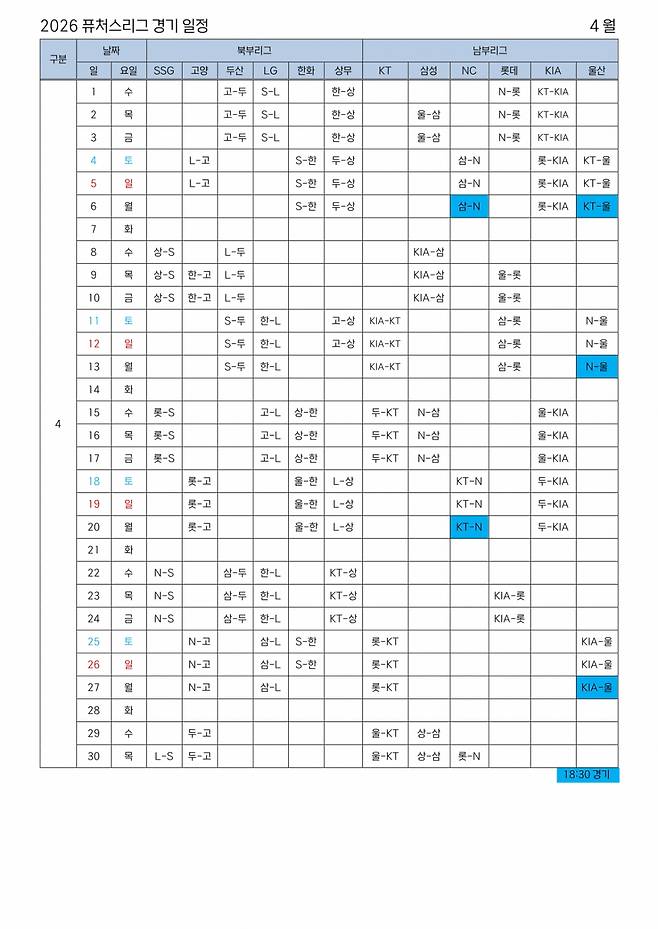 2026 KBO 퓨처스리그 경기 일정. /표=KBO 제공