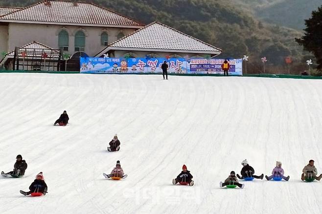 지리산 남원 바래봉 눈썰매 축제장을 찾은 어린이들이 신나게 눈썰매를 즐기고 있다. (사진=운봉애향회)