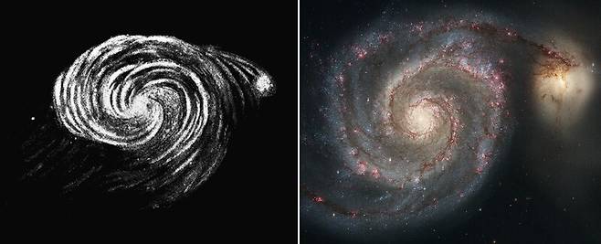 아일랜드의 천문학자 윌리엄 파슨스가 1845년에 그린 소용돌이은하 ‘M51’(왼쪽)와 2005년 허블우주망원경으로 촬영한 같은 천체의 사진. 위키미디어코먼스, 미국항공우주국 제공