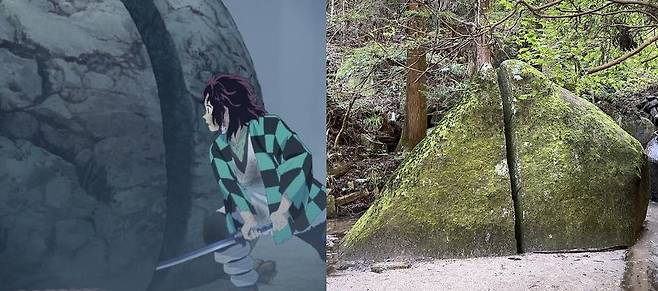 인기 애니메이션인 '귀멸의 칼날'에서 주인공 탄지로가 검으로 바위를 가르는 모습(왼쪽). 일본 도치기현 아시카가시에 위치한 나구사 이쓰쿠시마 신사에는 이 바위와 닮은 암석으로, 천연기념물로 지정된 ‘나구사바시 바위’가 있어 ‘귀멸의 칼날’ 팬들에게 성지로 통한다. 사진 X(옛 트위터) 캡처