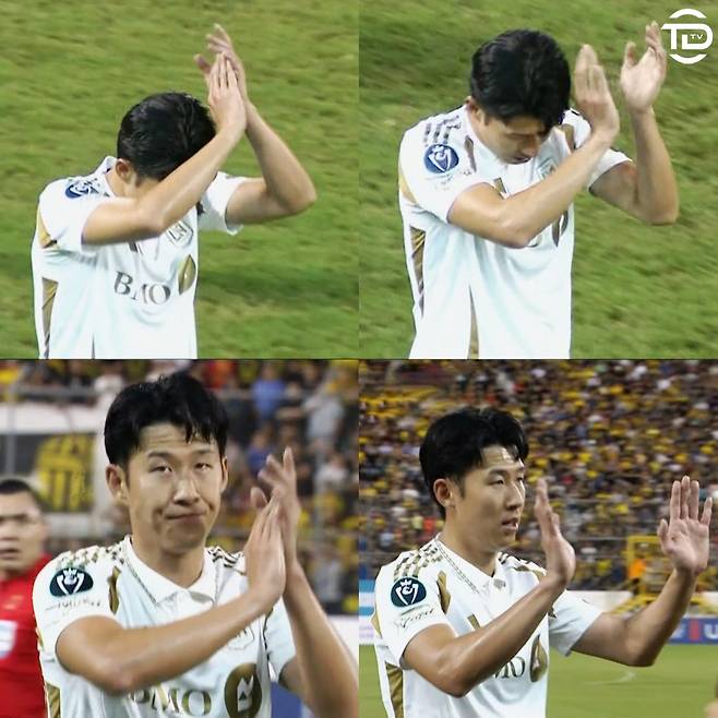 로스앤젤레스(LA)FC 손흥민이 18일(한국시간) 온두라스 산페드로술라의 프란시스코 모라산 경기장에서 열린 레알 에스파냐(온두라스)와의 2026 북중미카리브축구연맹(CONCACAF) 챔피언스컵 1라운드 1차전에 선발 출전해 1골 3도움을 기록한 뒤 후반 17분 교체되고 있다. 자신을 향한 온두라스 현지 팬들의 기립박수에 손흥민 역시 박수로 화답하고 있다. /사진=토도 데포르테스 텔레비시온(TDTV) SNS 캡처