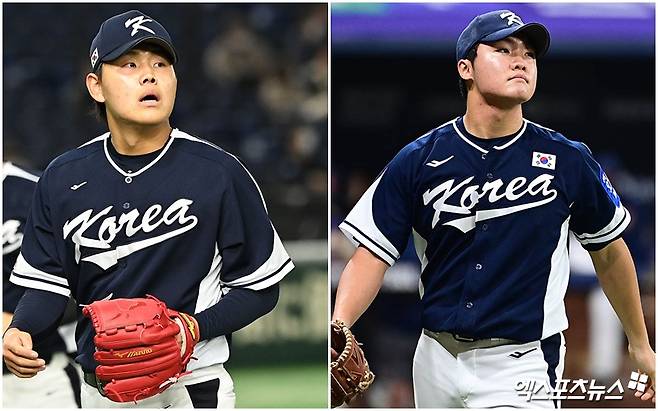 2026 월드베이스볼클래식(WBC)에 출전하는 소형준(왼쪽)과 정우주가 20일 일본 오키나와 온나손의 아카마 구장에서 열리는 삼성 라이온즈와의 연습경기에서 실전 피칭에 나선다. 사진 엑스포츠뉴스 DB