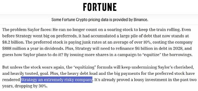 포춘은 스트래티지를 매우 위험한 기업이라고 평가했다. (사진=포춘)