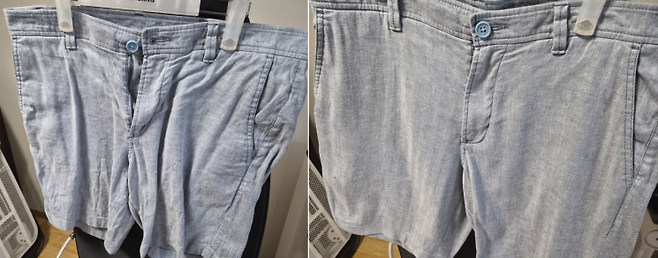 구겨진 린넨 소재 의류가 LG 시스템 아이어닝의 핸디 스티머를 사용한 뒤 주름이 개선된 모습. 김진영 기자