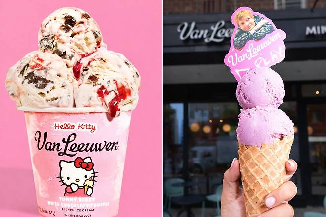 밴루엔이 협업해 선보인 아이스크림. 왼쪽은 헬로키티 컬래버, 오른쪽은 2025년 에드 시런 ‘플레이(Play)’ 앨범 발매에 맞춰 선보인 ‘플레이 핑크’ 한정 플레이버. 사진 밴루엔