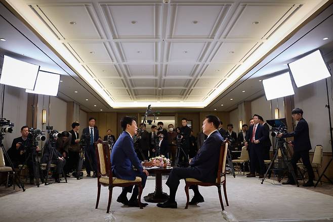 2024년 2월4일 박장범 KBS 앵커(왼쪽)가 윤석열과 대담을 하고 있다. ⓒ대통령실 제공