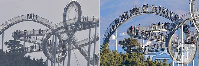 경북 포항시 북구 환여동 스페이스워크에서 관광객들이 휴일을 즐기고 있다. 왼쪽 사진은 지난 15일 초미세먼지를 뚫고 스페이스워크에 오른 귀성객과 관광객 모습.ⓒ 뉴스1 최창호 기자