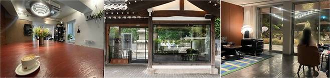 김중업·김수근·나상진 건축가의 건물 안에 자리한 연희정음의 '푸어링아웃 메라키', 아라리오뮤지엄의 '카페 프릳츠와 스타벅스의 '장충라운지R점'(사진 왼쪽부터). /사진=서윤경 기자·카페 프릳츠