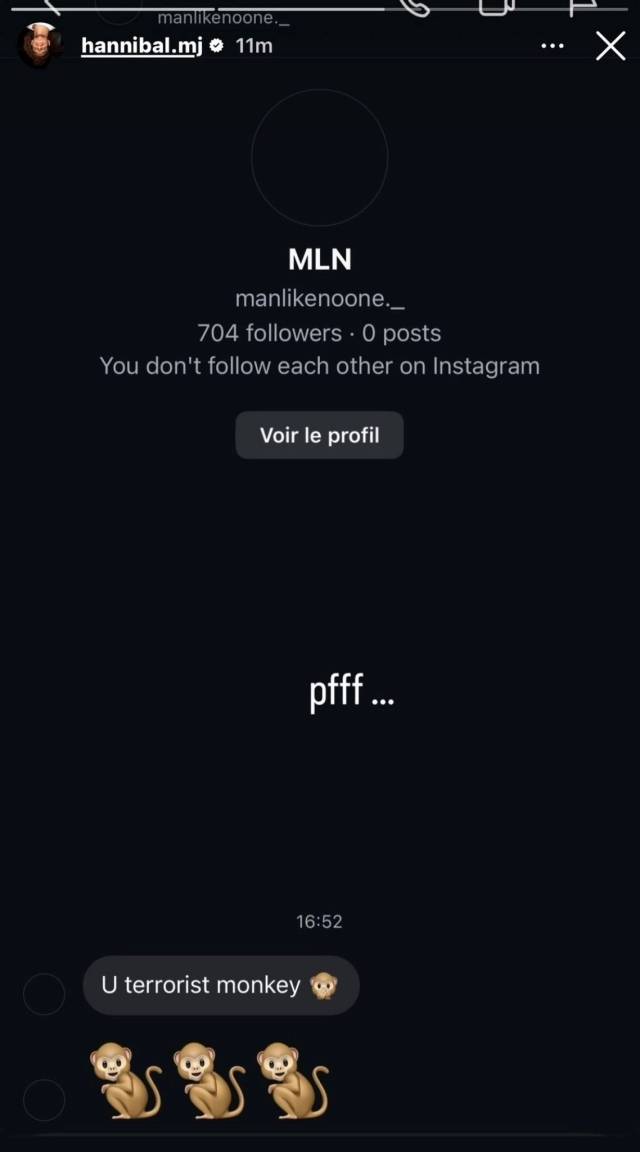 한니발도 마찬가지였다. 그에게도 원숭이라는 인종차별 메시지가 향했고 선수는 이를 SNS에 공유했다. 사진=X