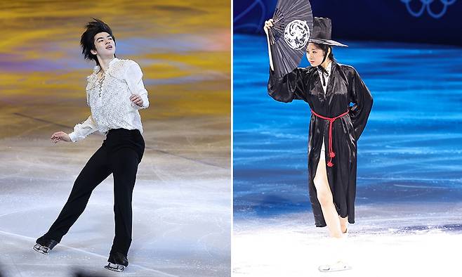 혼신의 무대 22일 이탈리아 밀라노 아이스스케이팅 아레나에서 열린 2026 밀라노·코르티나담페초 동계올림픽 피겨스케이팅 갈라쇼에서 차준환(왼쪽 사진)과 케이팝 데몬 헌터스의 ‘사자보이즈’로 변신한 이해인이 연기를 펼치고 있다. 밀라노=연합뉴스