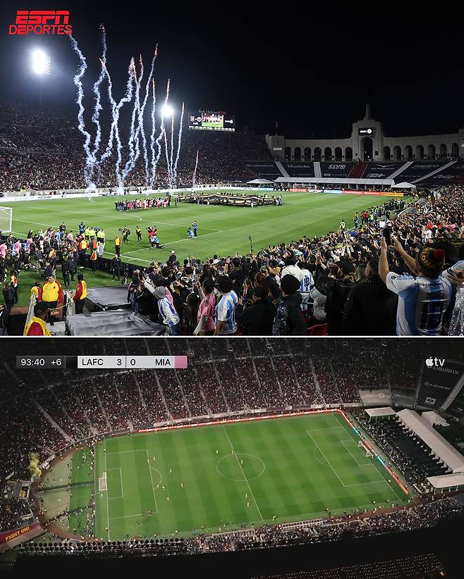 22일 미국 로스앤젤레스(LA) 메모리얼 콜리세움에서 열린 LAFC와 인터 마이애미와의 2026시즌 미국 프로축구 메이저리그사커(MLS) 개막전을 찾은 관중 수는 7만 5673명이었다. MLS 개막전 역대 최다 관중이다. /사진=ESPN 데포르테스 SNS 캡처