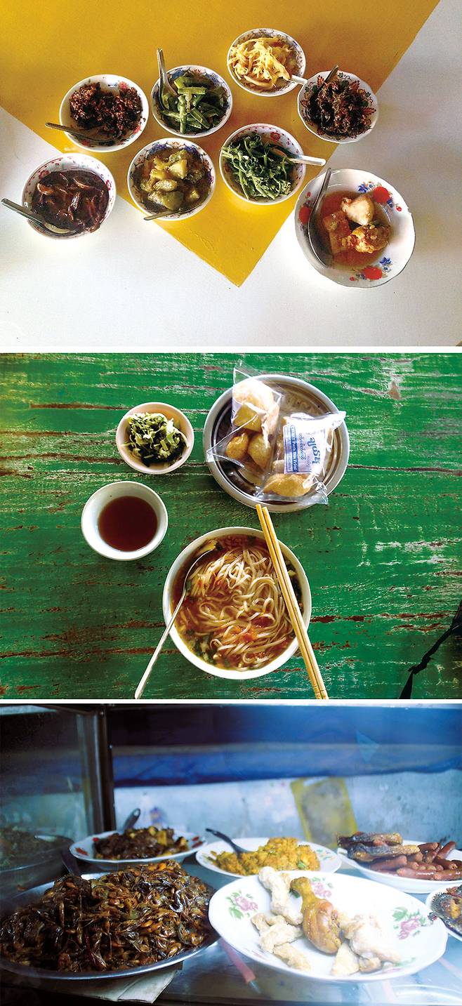(위에서부터) 흰 쌀밥과 다양한 볶음류의 반찬으로 구성된 미얀마 로컬 밥상, 미얀마 샨족의 별미로 꼽히는 전통국수요리인 ‘미셰이’, 뷔페처럼 다양한 요리가 진열되어 있는 식당 모습