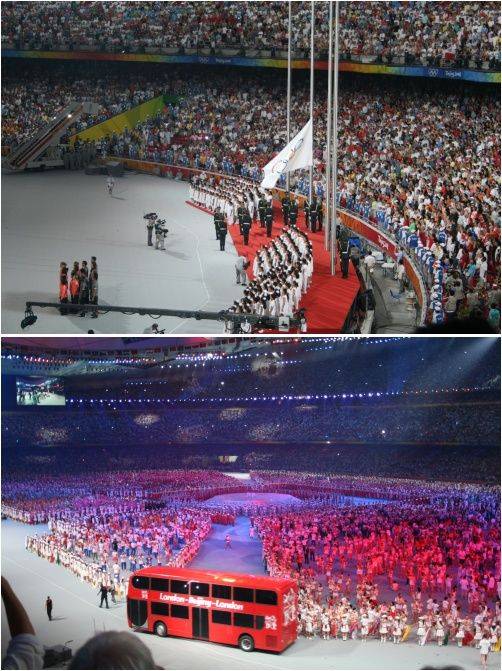 2008 베이징 올림픽 폐막식에서 '올림픽기'가 내려온 뒤 영국 런던의 2층 버스가 경기장에 들어서며 다음 올림픽 개최지인 영국 런던을 알렸다. /사진=서윤경 기자