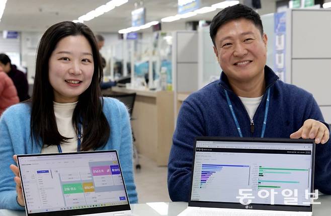 서울 강남구청의 김택중 세무관리과 주무관(오른쪽)과 송나영 정책홍보실 주무관이 23일 청사에서 직접 기획·개발한 세무 관리 플랫폼 ‘체납 이음’과 ‘강남구청 카카오톡 챗봇’을 소개하고 있다. 변영욱 기자 cut@donga.com