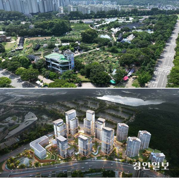 과천과천 공공주택지구 특별계획구역 중 종합의료·헬스케어 시설 및 첨단산업 융복합 클러스터로 조성 예정인 막계동 특별계획구역 일대 전경(위)과 개발사업 조감도. /경인일보DB, 과천도시공사 제공