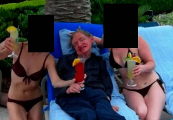 스티븐 호킹 박사가 비키니 차림 여성들과 함께 있는 모습이 담긴 사진. 최근 공개된 엡스타인 문서에 포함되면서 온라인에서 확산하고 있다. 미 법무부(DOJ)