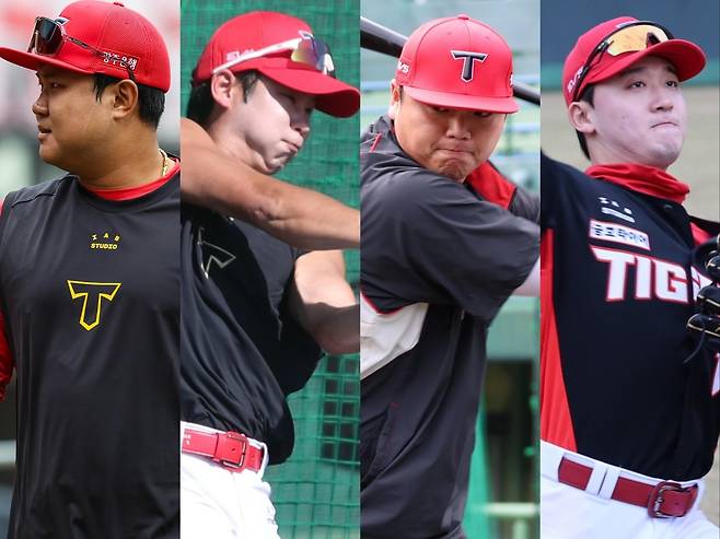 KIA 타이거즈 황대인, 박정우, 한준수, 윤도현(왼쪽부터)은 새 시즌 롤모델의 등번호를 달며 반등을 다짐했다. 사진제공|KIA 타이거즈