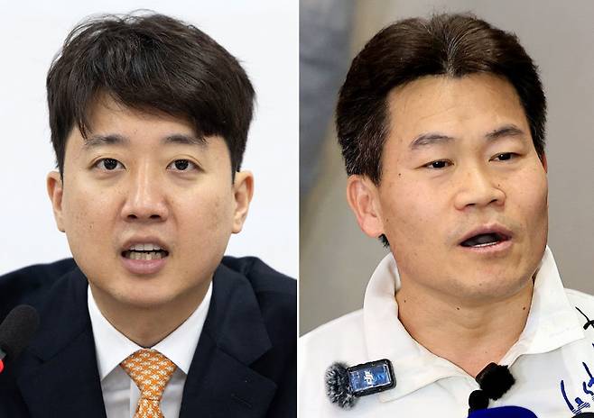 개혁신당 이준석 대표(왼쪽), 강성보수 유튜버 전한길 씨. 뉴스1