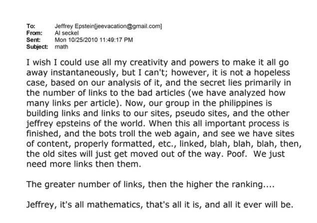 앨 세켈이 2010년 10월 25일 제프리 엡스타인에 보낸 이메일에서 필리핀팀이 여론 관리를 위해 하는 노력을 설명하고 있다. 엡스타인 파일 스트레이츠타임스 캡처