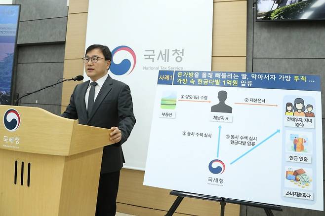 박해영 국세청 징세법무국장이 지난 26일 정부세종청사 국세청 기자실에서 고액 체납자 현장 수색 결과에 대해 브리핑하고 있다. /사진=연합뉴스