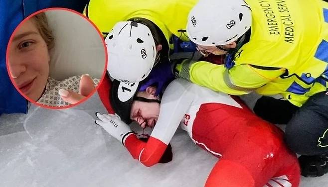 ▲ 이탈리아 밀라노 아이스스케이팅 아레나에서 열린 2026 밀라노ㆍ코르티나담페초 동계올림픽 쇼트트랙 여자 1,500m 준준결승에서 폴란드 카밀라 셀리에르는 산토스-그리즈월드의 스케이트 날에 왼쪽 눈 부위를 긁혀 출혈 증세를 보였고 한동안 일어나지 못하다가 들것에 실려나갔다. ⓒ GEO NEWS 캡쳐