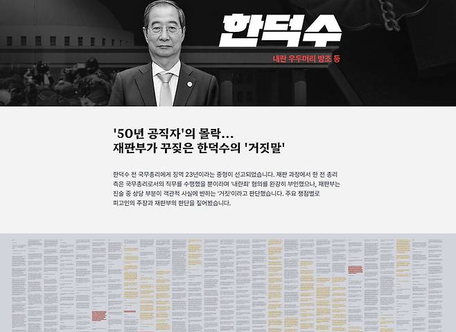 뉴스타파가 윤석열 전 대통령 등에 대한 내란 재판 1심 판결문 전문을 시각화해 피고인들의 주장과 법원의 판단을 정리·제공하고 있다. 뉴스타파 특별 페이지 갈무리