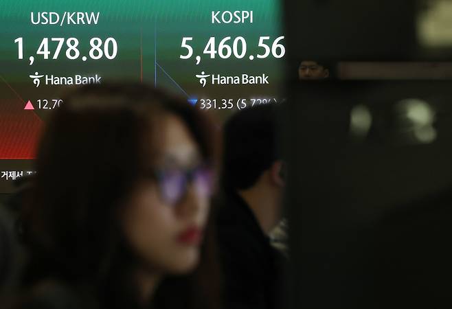 4일 중구 하나은행 본점 딜링룸 전광판에 실시간 코스피와 원/달러 환율이 표시돼 있다. 연합뉴스