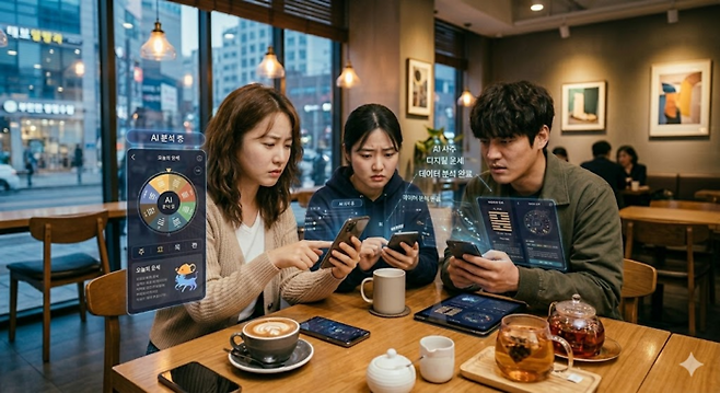 청년들이 스마트폰을 통해 운세 콘텐츠를 확인하고 있다. <이미지=생성형 AI>