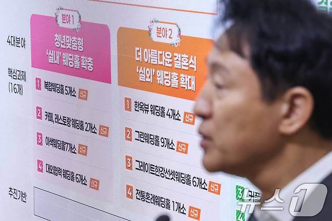 오세훈 서울시장이 19일 오전 서울 중구 서울시청에서 '더 아름다운 결혼식' 확대 계획을 발표하고 있다. 서울시는 '더 아름다운 결혼식' 확대 지원을 통해 공공예식장을 대폭 늘리고 스드메(스튜디오촬영·드레스·메이크업) 비용과 무료 건강검진 지원 등에 나설 계획이다. 2025.6.19 ⓒ 뉴스1 민경석 기자