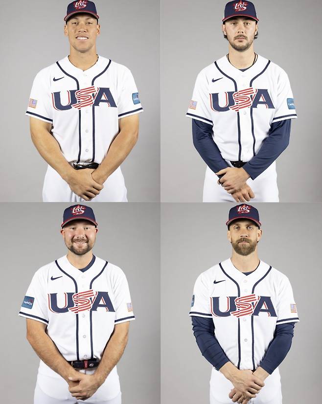 애런 저지(왼쪽 위부터 시계방향으로), 폴 스킨스, 칼 롤리, 브라이스 하퍼가 WBC 미국 대표팀 유니폼을 입고 포즈를 취하고 있다. 사진=WBC 공식 X 계정