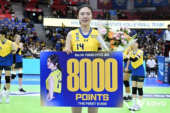 프로배구 V리그 최초로 통산 8000득점 고지를 밟은 현대건설 양효진. 한국배구연맹(KOVO) 제공