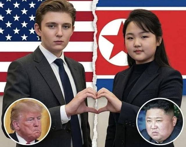 도널드 트럼프 미국 대통령의 막내 아들 배런 트럼프와 김정은 북한 국뭉위원장의 딸 김주애를 결혼시키면 세계 평화가 올 것이라는 내용의 밈 / 사진=온라인커뮤니티